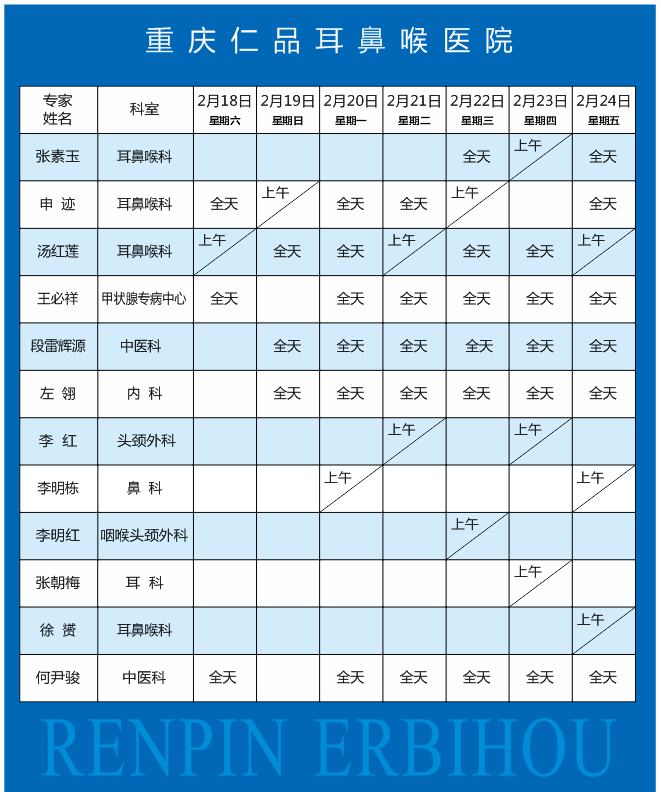 重庆耳鼻喉专科医院门诊排班表